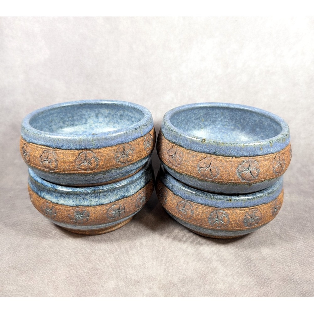 Set of 4 Artisan‎ Bowls Studio Art Pottery Blue Glazed Rustic Primitive Signed